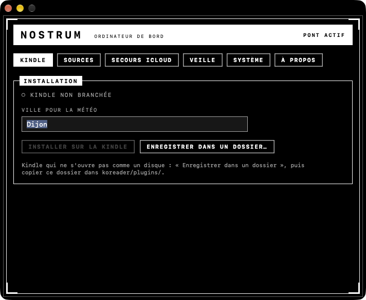 Fenêtre de l'application Mac Nostrum : choix de la ville, des calendriers, des listes de rappels et bouton Installer sur la Kindle