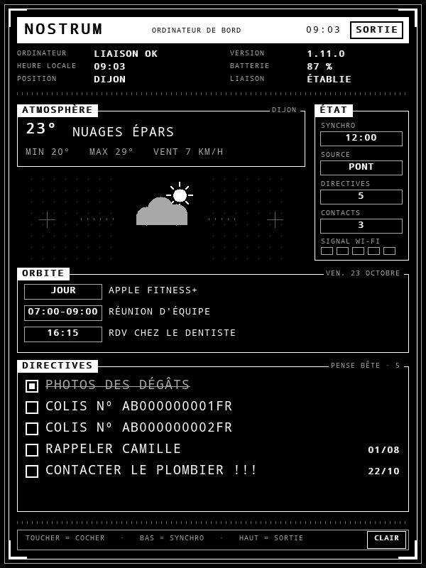 Écran Nostrum sur la Kindle : météo de Dijon, trois rendez-vous du jour et cinq rappels dont un coché