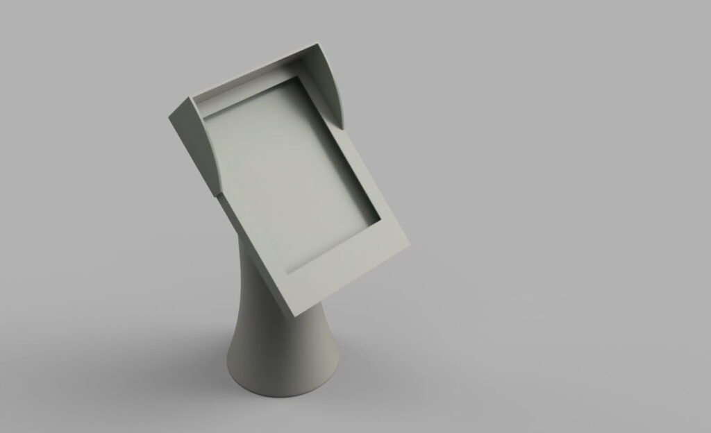 Rendu 3D du support Nostrum conçu par le studio QALC : pupitre incliné avec visière, sur un pied évasé